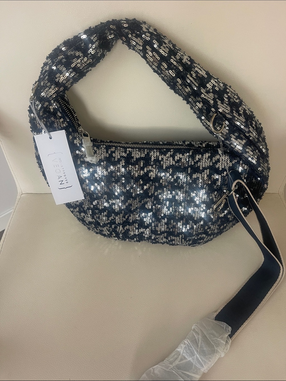 Sequin Shoulder Hobo Bag - Navy Sparkle - Picture 2 of 7